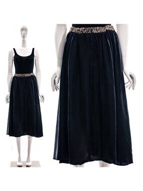 Vintage Black Silk Midi Skirt with Beaded Gold Sequined Waist Drawstring Waist B